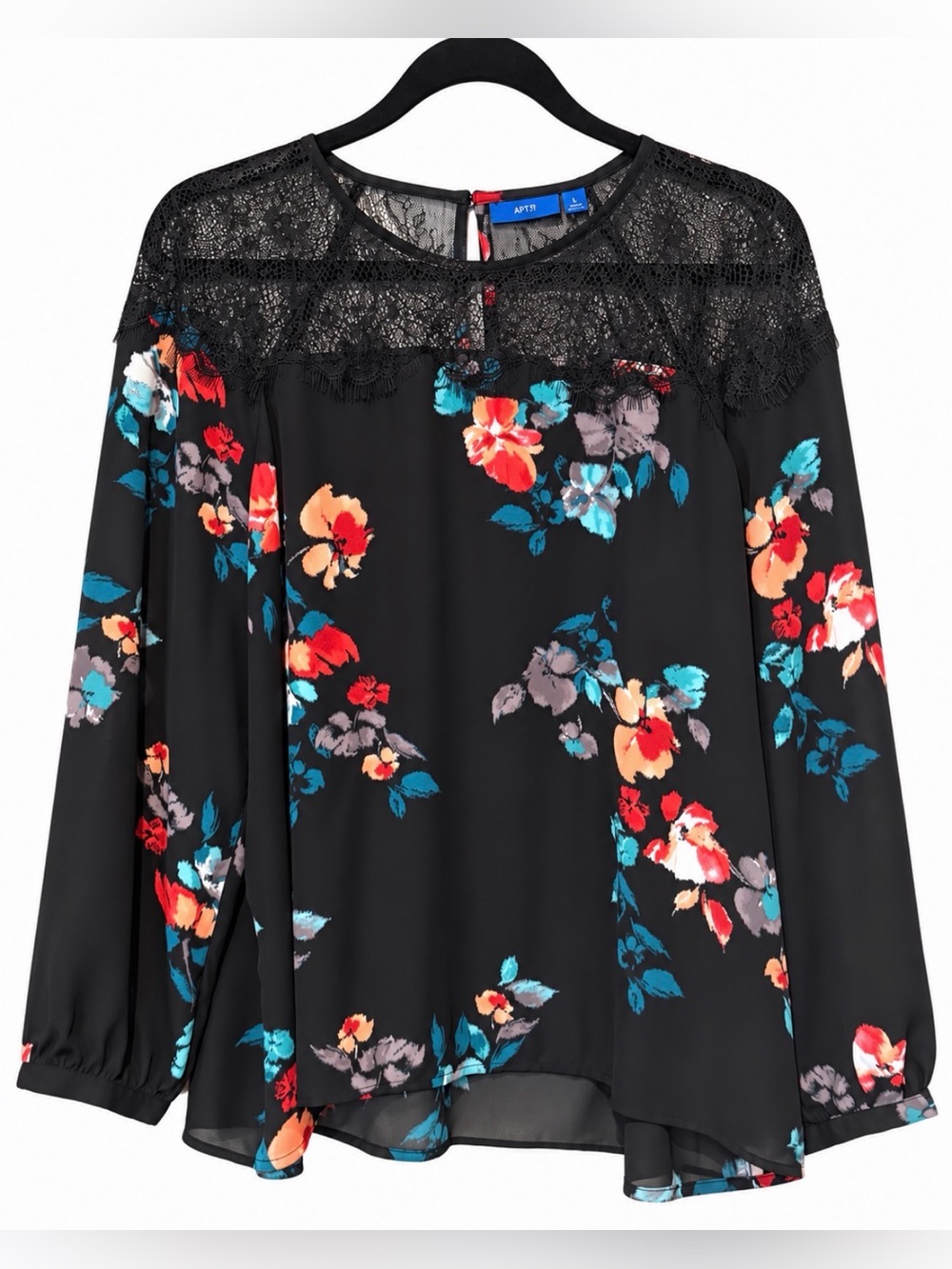 Apt. 9 Black Floral Lace-Yoke Long Sleeve Blouse